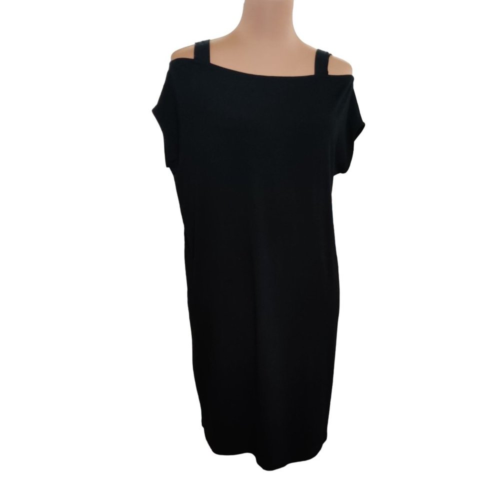 Eileen Fisher Womens Dress Cold Shoulder Sleeve Jersey Shift Tunic Black sz XXS